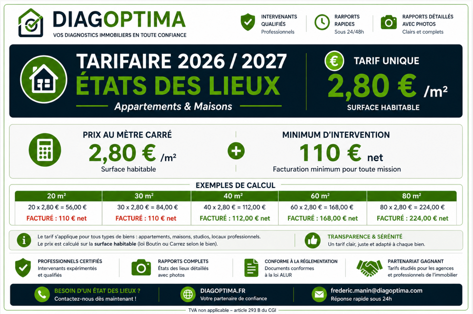 Tarif état des lieux appartement et maison - DiagOptima 2026/2027